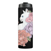 Witte kat pastel bloem zwart romantisch botanisch thermosbeker (Voorkant)