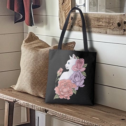 Witte kat pastel bloem zwart romantisch botanisch tote bag