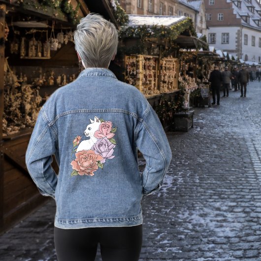 Witte kat pastel bloem zwart romantische botanisch denim jacket