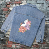 Witte kat pastel bloem zwart romantische botanisch denim jacket
