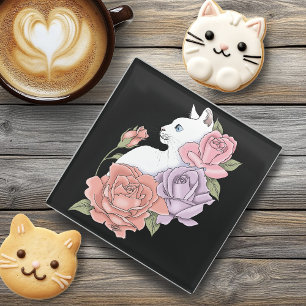 Witte kat pastel bloem zwart romantische botanisch glazen onderzetter