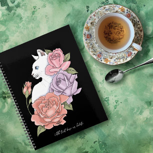 Witte kat pastel bloem zwart romantische botanisch planner