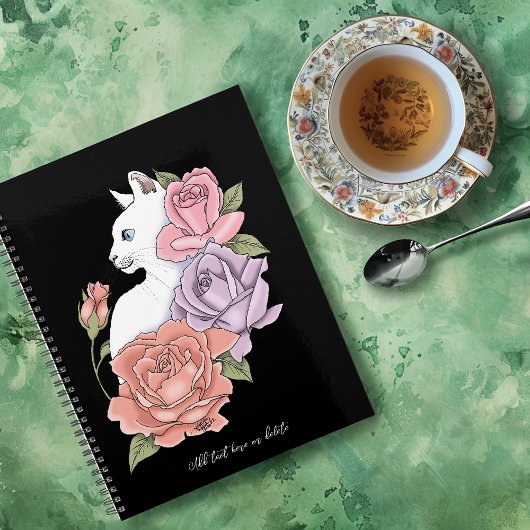 Witte kat pastel bloem zwart romantische botanisch planner