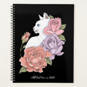 Witte kat pastel bloem zwart romantische botanisch planner (Voorkant)