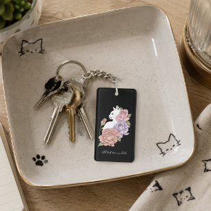 Witte Kat Pastel Bloemige Zwarte Romantische Botan Sleutelhanger