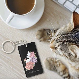 Witte Kat Pastel Bloemige Zwarte Romantische Botan Sleutelhanger