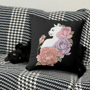Witte kat pastel bloemmotief zwart romantisch bota kussen