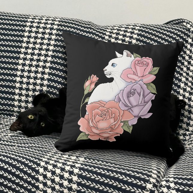 Witte kat pastel bloemmotief zwart romantisch bota kussen (Creator heeft geüpload)