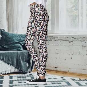 Witte kat pastel bloemmotief zwart romantisch bota leggings