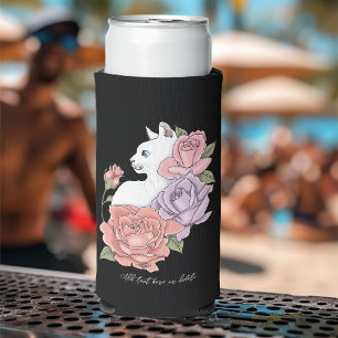 Witte kat pastel bloemmotief zwart romantisch bota seltzer blikjeskoeler