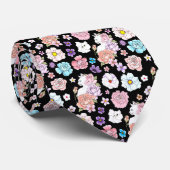 Witte kat pastel bloemmotief zwart romantisch bota stropdas (Opgerold)