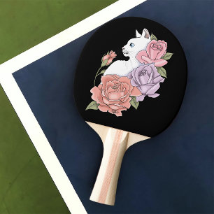 Witte kat pastel bloemmotief zwart romantisch bota tafeltennisbatje