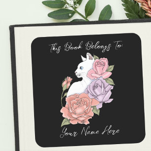 Witte kat pastel bloemmotief zwart romantisch ex-l vierkante sticker