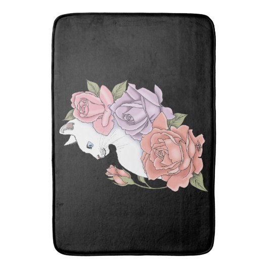 Witte Kat Perzik Lavendel Roze Rozen Badmat (Voorkant Verticaal)