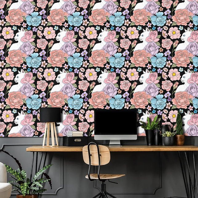 Witte Kat Perzik Lavendel Roze Rozen Behang (Creator heeft geüpload)