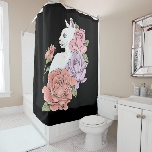 Witte Kat Perzik Lavendel Roze Rozen Douchegordijn (In situ)