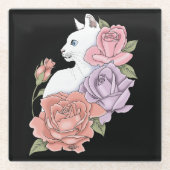 Witte Kat Perzik Lavendel Roze Rozen Glazen Onderzetter (Voorkant)