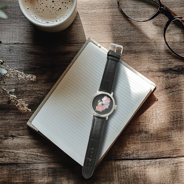 Witte Kat Perzik Lavendel Roze Rozen Horloge (Creator heeft geüpload)