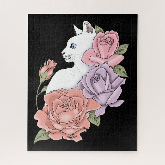 Witte Kat Perzik Lavendel Roze Rozen Legpuzzel (Verticaal)