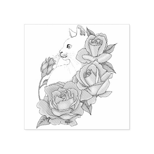 Witte Kat Perzik Lavendel Roze Rozen Rubberstempel (Afrduk)