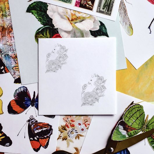 Witte Kat Perzik Lavendel Roze Rozen Rubberstempel