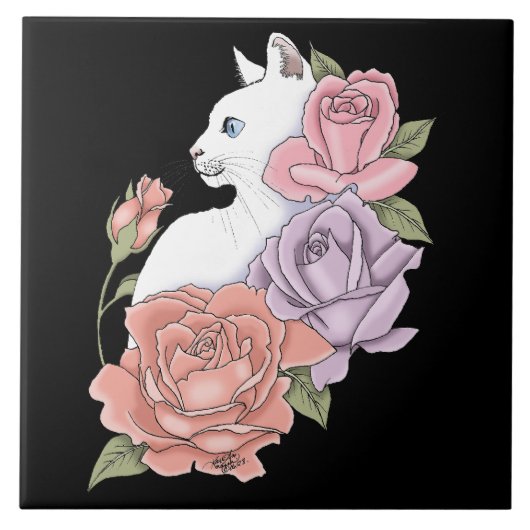 Witte Kat Perzik Lavendel Roze Rozen Tegeltje (Voorkant)