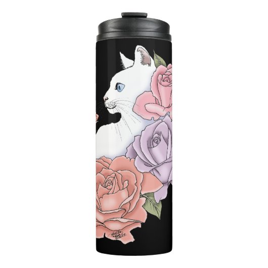 Witte Kat Perzik Lavendel Roze Rozen Thermosbeker (Voorkant)