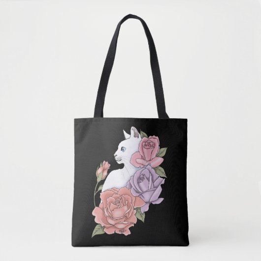 Witte Kat Perzik Lavendel Roze Rozen Tote Bag (Voorkant)