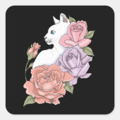 Witte Kat Perzik Lavendel Roze Rozen Vierkante Sticker (Voorkant)