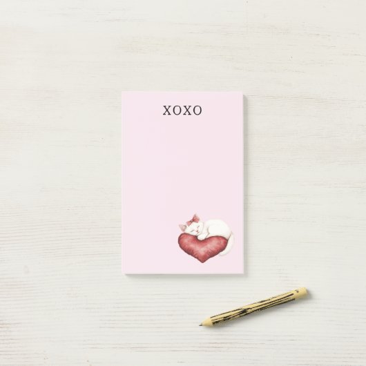 Witte Kat Rode Hart Kussen Post-it® Notes (Op bureau)