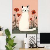 Witte Kat Rode Klaprozen Poster (Thuiskantoor)