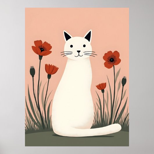 Witte Kat Rode Klaprozen Poster (Voorkant)