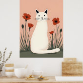 Witte Kat Rode Klaprozen Poster (Keuken)