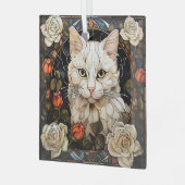Witte Kat Roos Mozaïek Glas in Lood Ornament (Voorkant links)