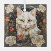 Witte Kat Roos Mozaïek Glas in Lood Ornament (Voorkant)