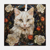 Witte Kat Roos Mozaïek Glas in Lood Ornament (Achterkant)