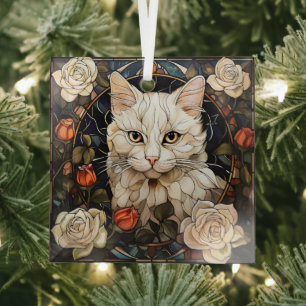Witte Kat Roos Mozaïek Glas in Lood Ornament