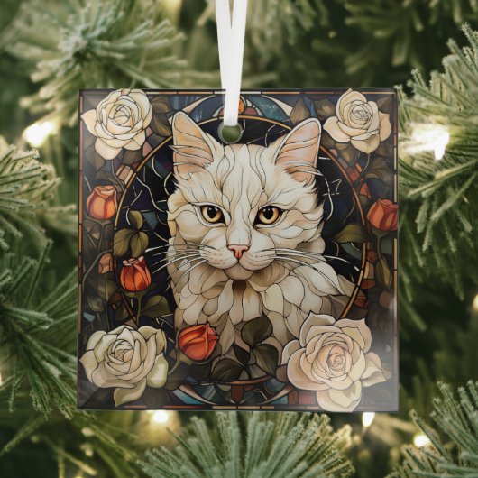 Witte Kat Roos Mozaïek Glas in Lood Ornament (Insitu)