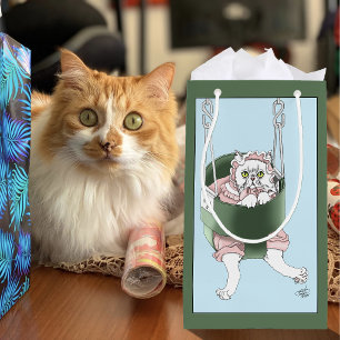 Witte kat roze jurk grappige schommel klein cadeauzakje