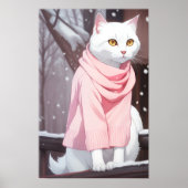 Witte kat roze outfit herfst winter manga muurkuns poster (Voorkant)