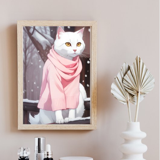 Witte kat roze outfit herfst winter manga muurkuns poster