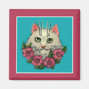 Witte kat, roze rozen magnet