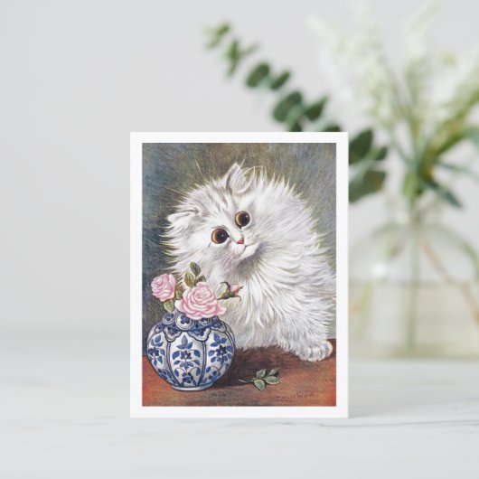 Witte Kat Rozen Louis Wain Briefkaart (Staand voorkant)