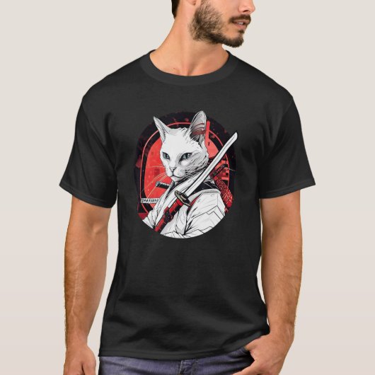 Witte Kat Samurai Grappige Huisdier Krijger T-shirt (Voorkant)