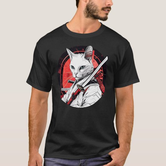 Witte Kat Samurai Grappige Huisdier Krijger T-shirt (Voorkant)
