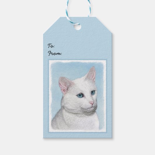 Witte kat schilderen - Kute Original Cat Art Cadeaulabel (Voorkant)