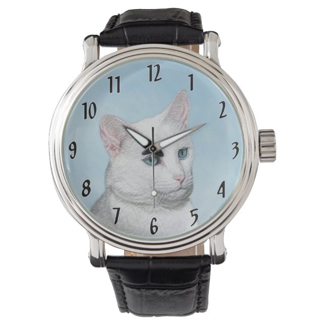 Witte kat schilderen - Kute Original Cat Art Horloge (Voorkant)