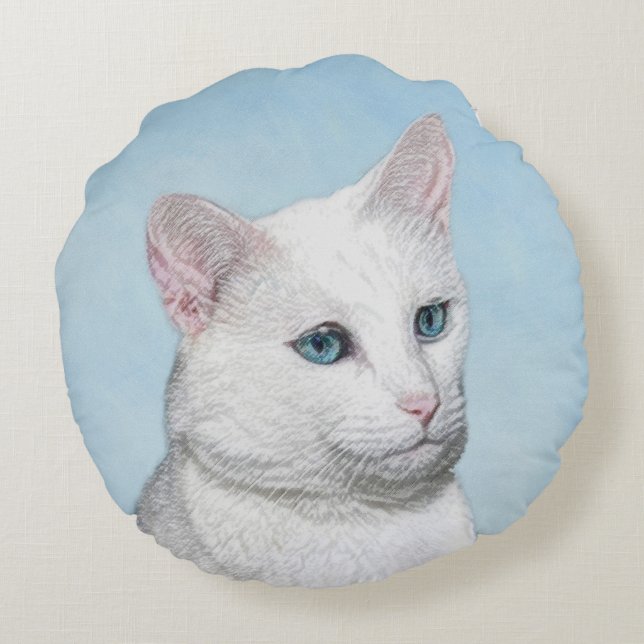 Witte kat schilderen - Kute Original Cat Art Rond Kussen (Achterkant)