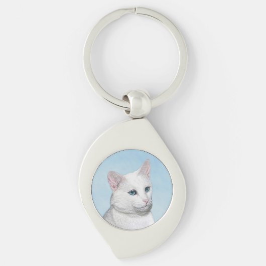 Witte kat schilderen - Kute Original Cat Art Sleutelhanger (Voorkant)