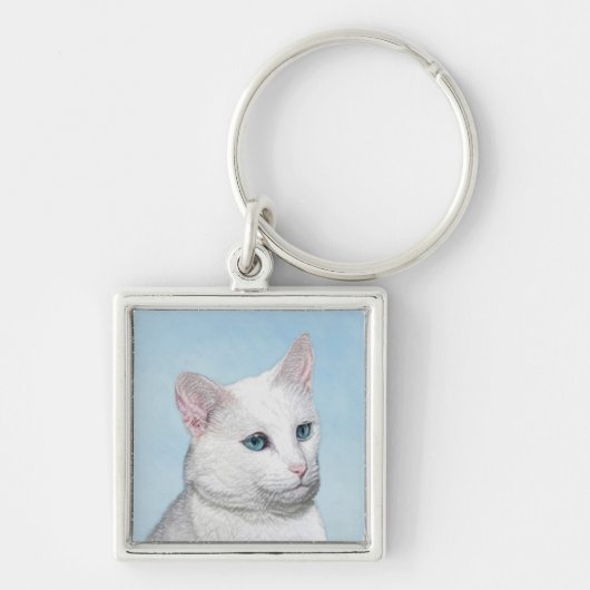 Witte kat schilderen - Kute Original Cat Art Sleutelhanger (Voorkant)
